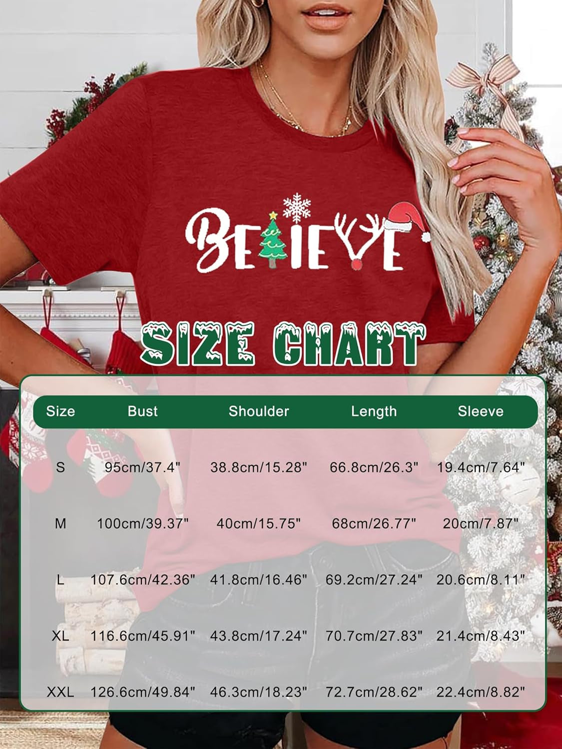 Christmas Shirt for Women Believe Letter Print T Shirts Asual Retro Holiday Short Sleeve Pullover Tops Xmas Gift