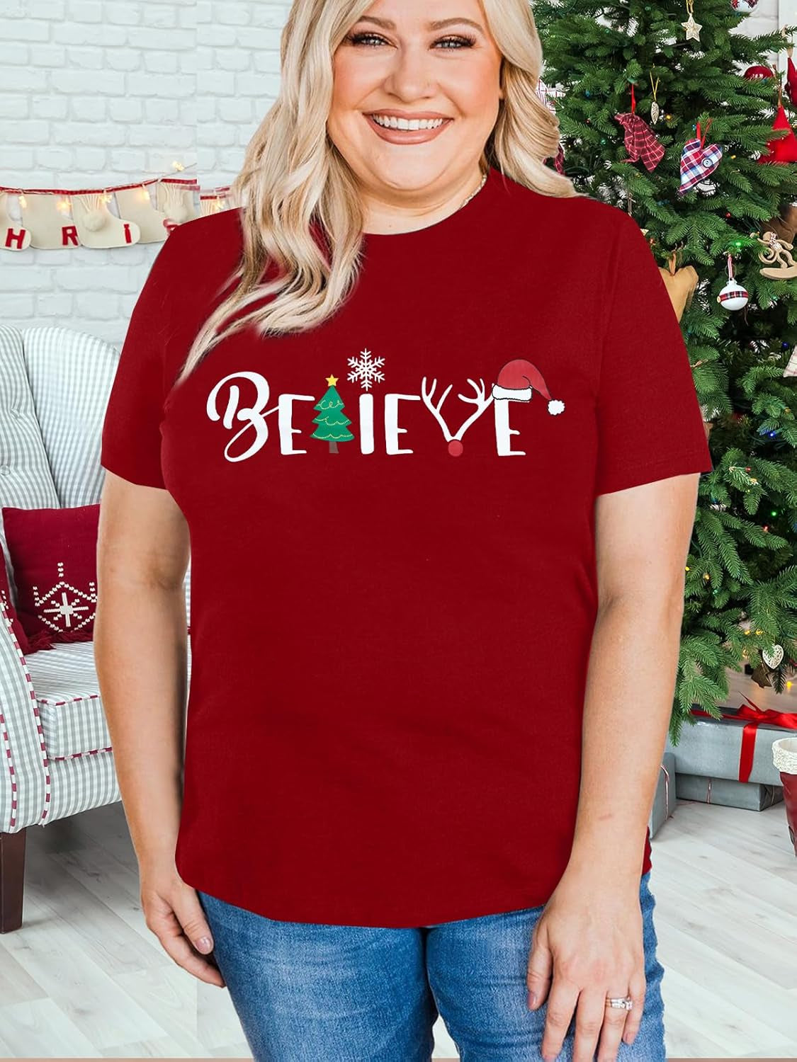 Christmas Shirt for Women Believe Letter Print T Shirts Asual Retro Holiday Short Sleeve Pullover Tops Xmas Gift